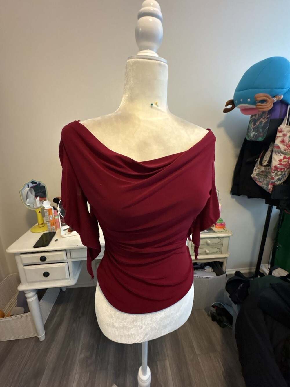 One Love Burgundy Off Shoulder Draped Cowl Neck Ruched Top Size M